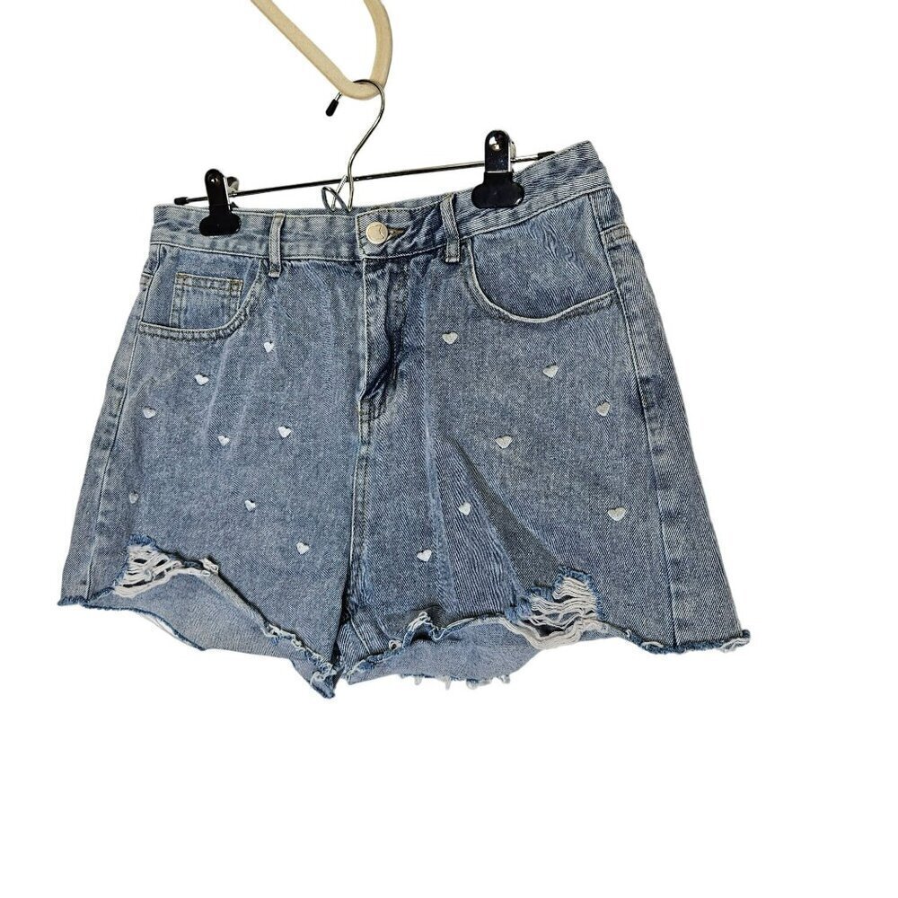 Kittenish Womens Distressed Denim High Waisted Shorts Large Blue Hearts Festival